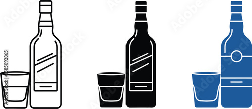 Three renderings display a bottle and glass, in black, outline, and blue, conveying beverage consumption, offering a modern icon.