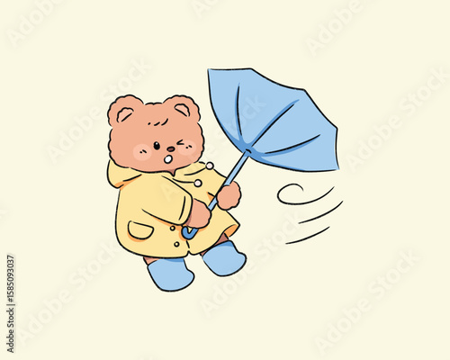 Bear walking in windy rainy day with umbrellas and trying to fight with strong wind Illustration.Vector.Kawaii.hand drawn.