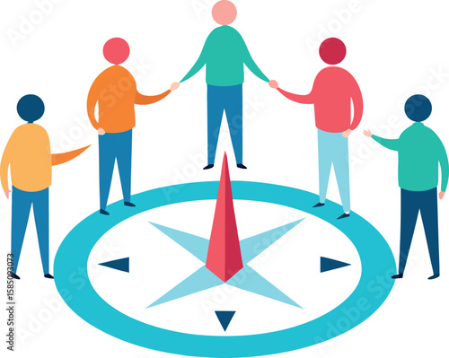 team standing around a compass discussing