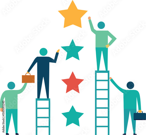 team standing on ladders to hang stars