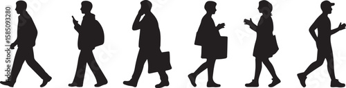Diverse people silhouettes walking and interacting talking phone vector, isolated on white background, cutout, png, clipping path, transparent, image, download, 2025,2026 download