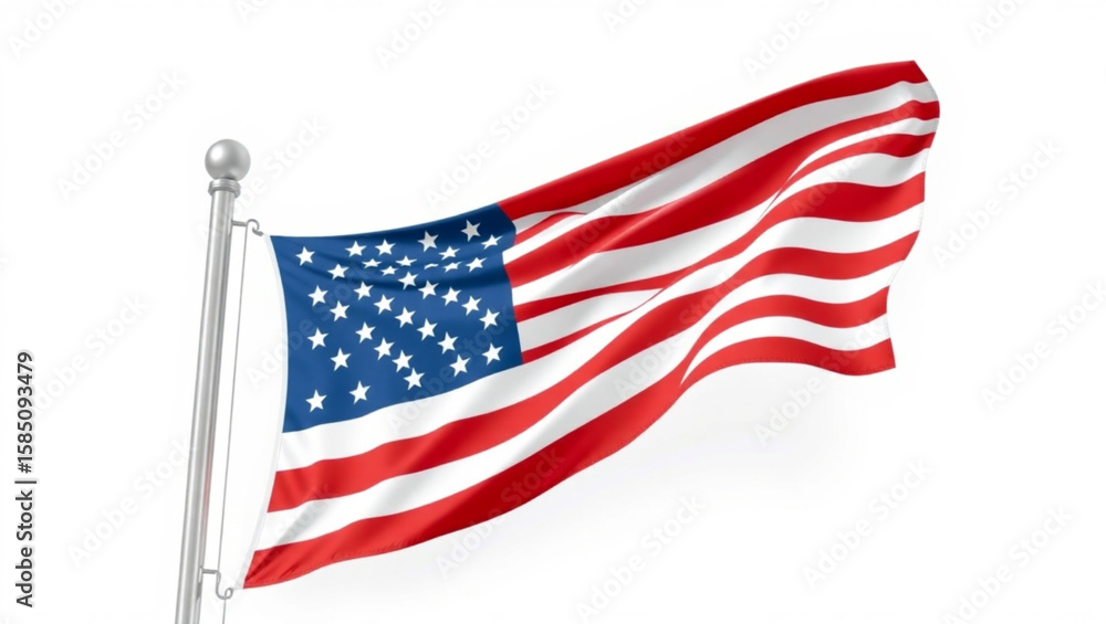 Fototapeta premium Waving American flag with stars and stripes against a clean white background.