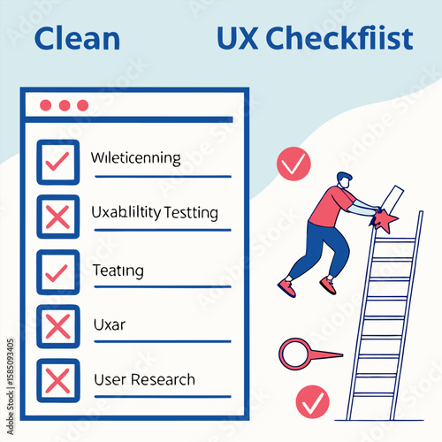 Illustration of ux checklist with man climbing ladder to reach star and completed tasks marked