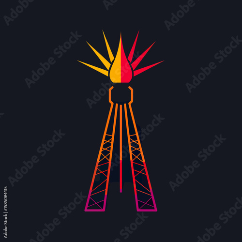 Abstract illustration of a stylized oil derrick with a flame-like element at the top, vibrant colors.