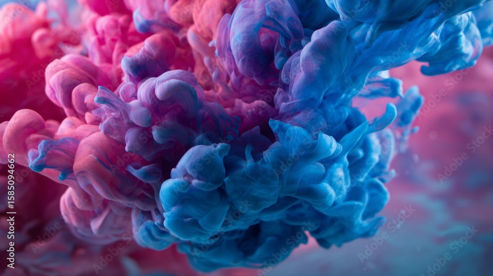 Fototapeta premium color splash with blue and pink ink in water, creative visual art.