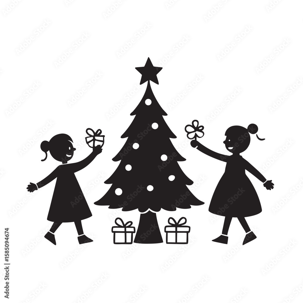 Fototapeta premium Kids Opening Presents By Christmas Tree