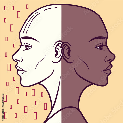 Illustration of two faces in profile one light skinned and one dark skinned side by side with rectangles