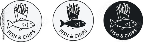 Classic fish and chips logo in vector format, showcasing three variations of the iconic fast food meal design in black and white.