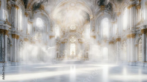 Grand, white marble church interior, bathed in golden light, filled with ethereal mist