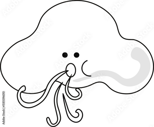Vector illustration features a whimsical cartoon-style cloud character blowing wind, depicted with a gentle face, expressive eyes, and swirling gust lines. It is ideal for weather-themed design