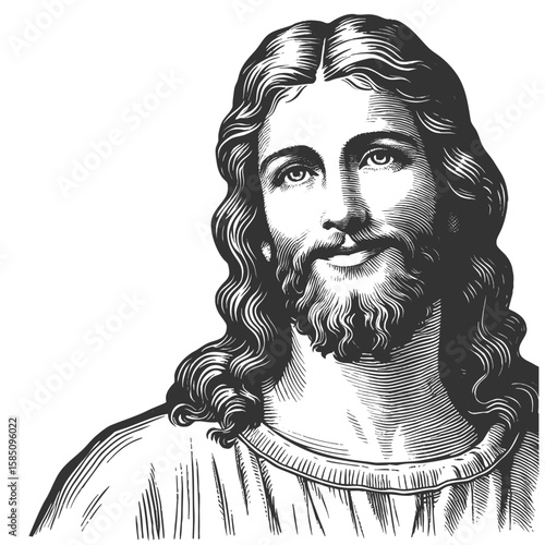 Jesus Christ smiling, surrounded by radiant circular halo lines sketch engraving generative ai fictional character vector illustration. Scratch board imitation. Black and white image.