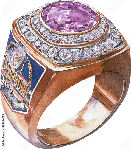 Detailed championship ring with pink gemstone and diamonds isolated on transparent background