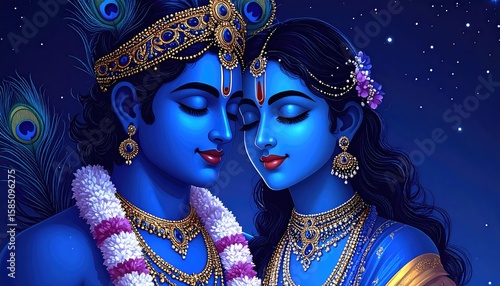 Serene Blue Krishna and Radha: Celestial Love in Artistic Depiction