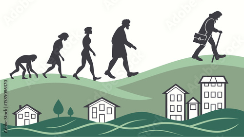 Silhouette figures showing evolution of human from ape to elderly over green hills and houses below