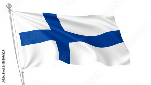 Waving Finnish flag with blue Nordic cross on a white background.