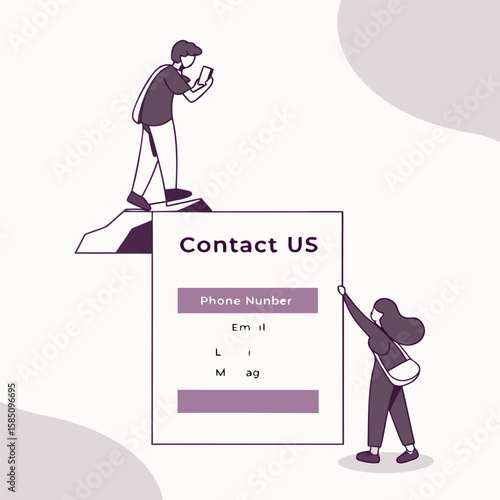 Illustration depicting contact us information with two people and contact details displayed nicely