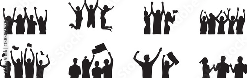 Silhouettes of cheering people with raised arms and flags celebration victory vector, isolated on white background, cutout, png, clipping path, transparent, image, download, 2025,2026 download