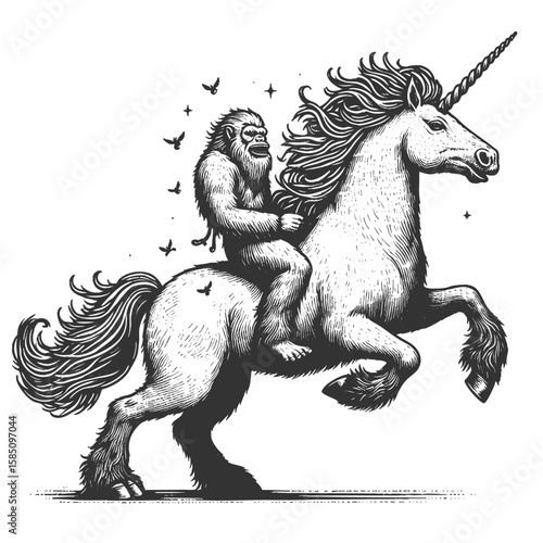 yeti riding a majestic unicorn sketch engraving generative ai fictional character vector illustration. Scratch board imitation. Black and white image.