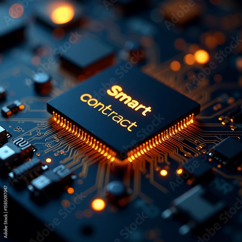 Detailed close-up of a smart contract microchip mounted on a motherboard, glowing contract code lines, gold traces, crypto tech interface, dark macro style, no people or animals