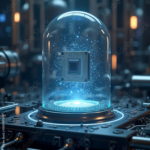 High-detail 3D render of a quantum AI processor core suspended inside a glass casing, glowing with energy particles, futuristic cooling tubes, metallic environment, no humans, cinematic lighting