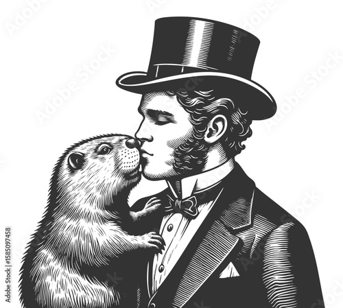 Victorian man in a top hat and formal suit, affectionately kissing a capybara sketch engraving generative ai fictional character vector illustration. Scratch board imitation. Black and white image.