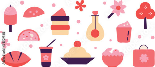 Vector art of a colorful collection of food and drink icons, featuring desserts, fruits, and beverages isolated on transparent background.