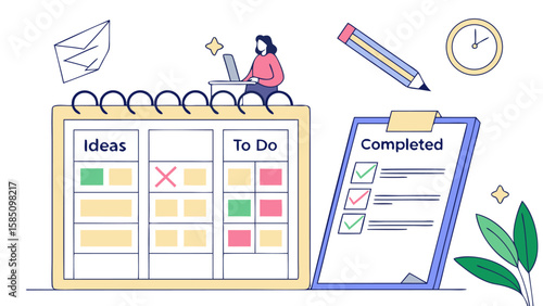 Illustration of a woman working on a laptop atop a task board with ideas to do and completed tasks nearby