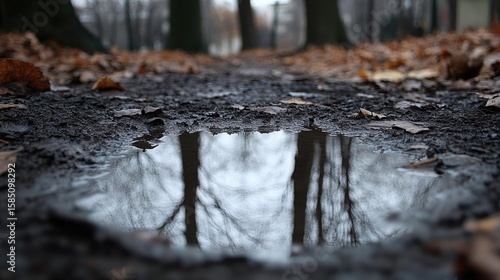Wallpaper Mural Autumnal Reflections: A Glimpse into the Serene Forest Through a Rain Puddle Torontodigital.ca