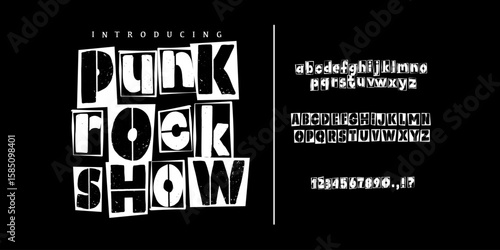 Font Punk Rock Show. Punk typography vector alphabet and numbers. Type specimen set for grunge font flyers and posters or ransom note style designs. England America rebel young and free style