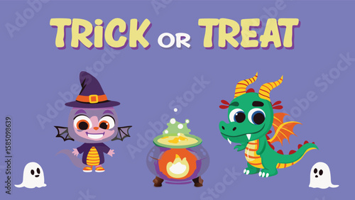 Cartoon halloween scene with bat witch dragon ghosts and trick or treat text above them all