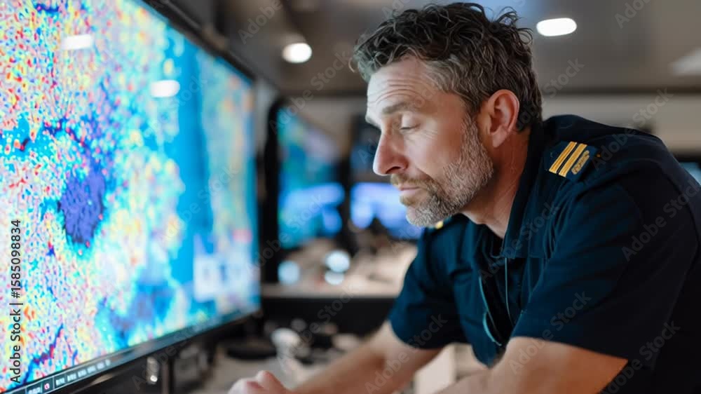 Focused maritime captain navigating advanced digital control room with ...