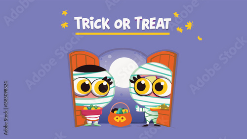 Two cartoon mummies trick or treating with candy buckets under a full moon illustration
