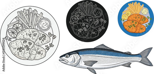 Appealing illustration of fish and chips dishes, featuring vector seafood, fried potatoes, and dipping sauce for culinary design.