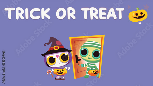 Cartoon witch and mummy trick or treating with pumpkin on a purple background with trick or treat text