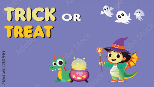 Illustration of a witch, dragon, ghosts, and a cauldron with trick or treat text above it