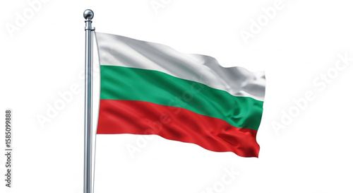 Bulgarian national flag waving proudly on a flagpole against a white background.