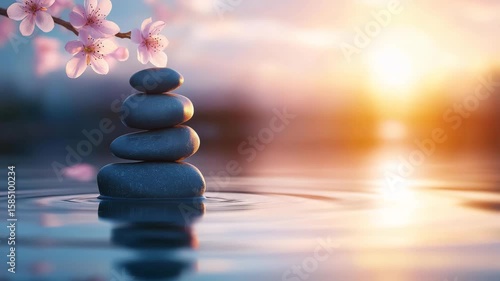 A tranquil scene features a stack of balanced zen stones in calm water with gentle ripples, beneath delicate cherry blossoms, all bathed in the warm glow of a sunset.