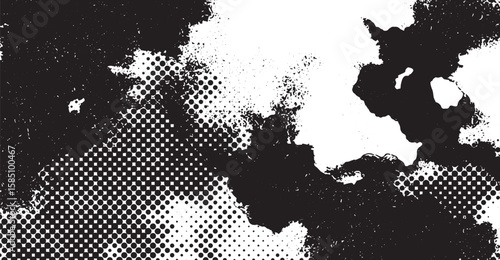 Dynamic monochrome pattern showcasing textured black blots and halftone dots against a crisp white backdrop, creating a bold contrast and a visually impactful effect, perfect for adding depth