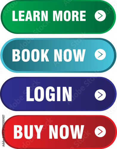 Set of colorful call-to-action buttons including learn more, book now, login, and buy now for website design