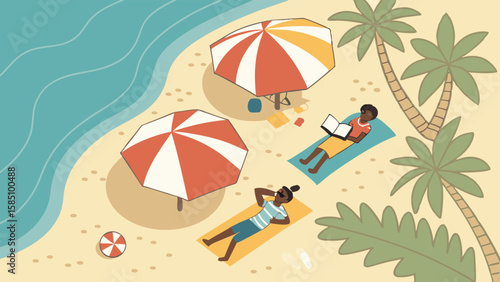 Illustration of people relaxing on a beach under colorful umbrellas during a sunny summer day.