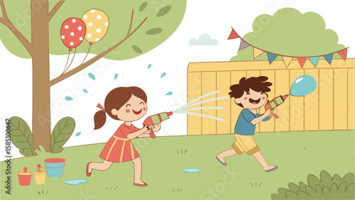Children playing with water guns in the yard with balloons and festive decorations.