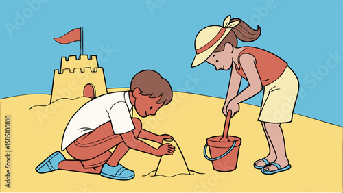 brother and sister playing sand