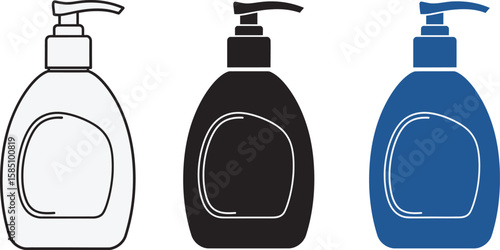 Soap dispensers are lined up in black, white, and blue, perfect for showcasing cleanliness and hygiene essentials.