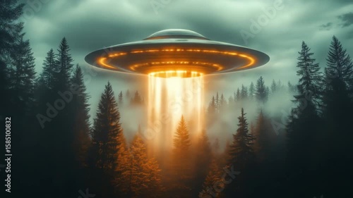 Flying saucer descending with bright orange light beam over dark foggy forest. Unidentified flying object. Alien technology concept. Sci fi footage.