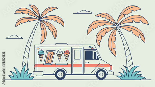 Describe the image in 6 to 180 characters, avoiding keyword lists. The image shows an ice cream truck under palm trees.