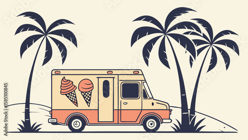 Illustration of a vintage orange and white van with a surfboard on top, driving along a coastal road.