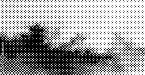 Black halftone pattern forms an organic forest silhouette against a stark white backdrop, highlighting vintage printing techniques and a sense of environmental contrast