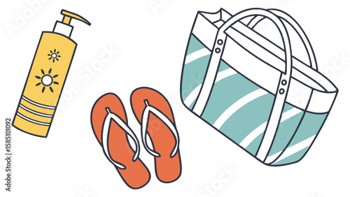 An illustration of essential beach items including sunscreen, flip-flops, and a tote bag.