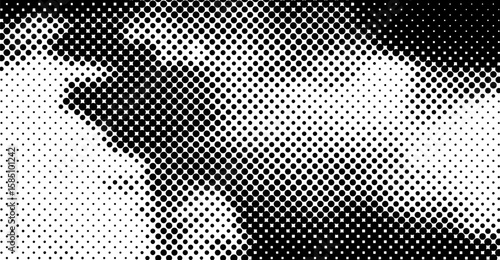 This dynamic image features a halftone pattern with gradients of black and white, creating a captivating monochrome design with circular elements and visual depth throughout the artwork