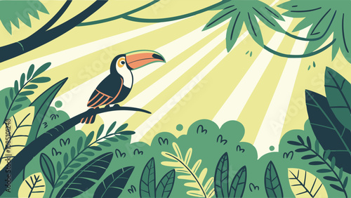 Toucan perched on branch in lush rainforest, sunlight streaming through canopy.